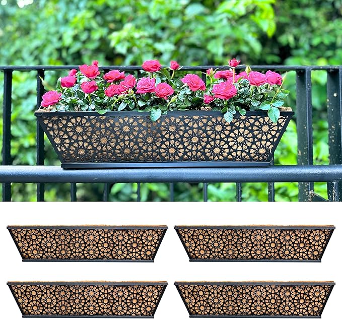 LaLaGreen Window Planter Boxes Outdoor (24 Inch, 4 Pack) Large Fence Hanging Planters Outdoor Plants, Metal Deck Railing Flower Box with Coco Liner, Modern Horse Troughs Balcony Pots Patio Porch Rail