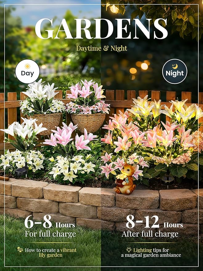 GIGALUMI Solar Garden Lights, 2 Pack LED Lily Garden Decor Carefree Solar Flowers Outdoor Waterproof, Yard Decorations Outdoor, Allergy-Free Light up Flowers for Yard Patio (1White,1Pink)