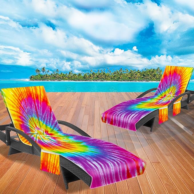Lounge Chair Towel Cover, Tie Dye Style Chaise Lounge Cover (Pack of 2), Beach Chair Covers with Pockets for Pool Sunbathing Beach Garden Courtyard Outdoor Trips, 85 x30 in, Rainbow Red