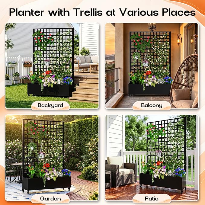 MTART Metal Planter Box with Trellis, 72.1"x47.2"x16" Galvanized Raised Garden Bed with Privacy Screen & Drainage Holes & Lockable Casters for Climbing Plants, Flower, Vegetable (Black-Grid)