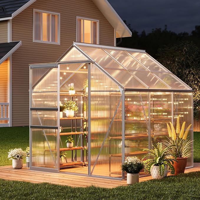 6x6FT Greenhouse for Outdoors, Walk-in Polycarbonate Greenhouse with Sliding Door, Adjustable Roof Vent & Gutter System, Portable Outdoor Green House Kit for Winter Gardening