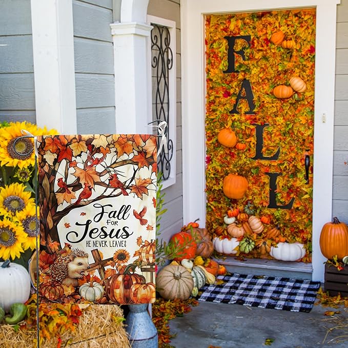 Stained Glass Autumn House Flag Fall for Jesus He Never Leaves Banner Religious Thanksgiving Pumpkin Yard Signs 28x40 Double Sided Outside Halloween Cardinal Garden Decor Outdoor