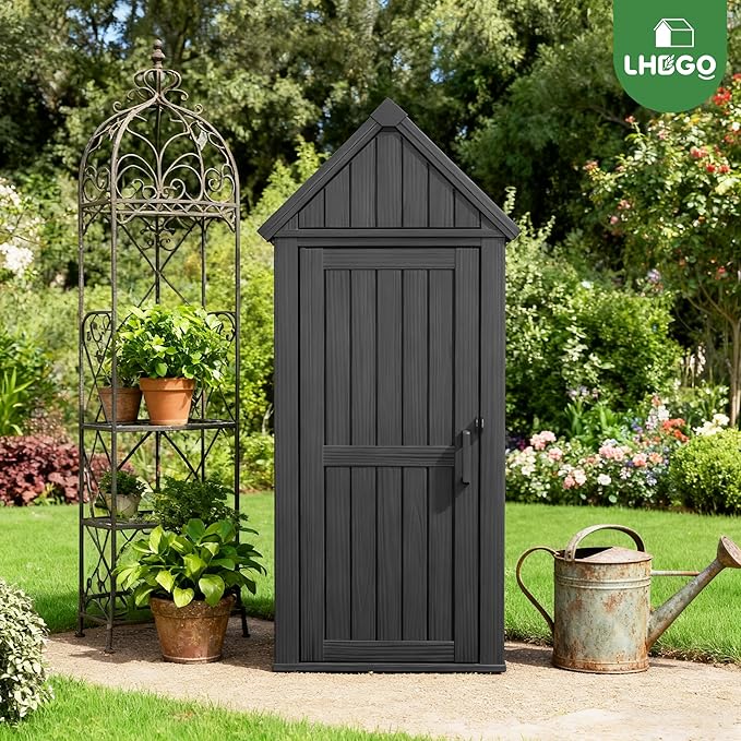 LHBGO Outdoor Storage Shed with Door & Shelf, Large Capacity Weatherproof Garden Tool Cabinet with Multiple Hooks for Backyard, Patio, Lawn（Black