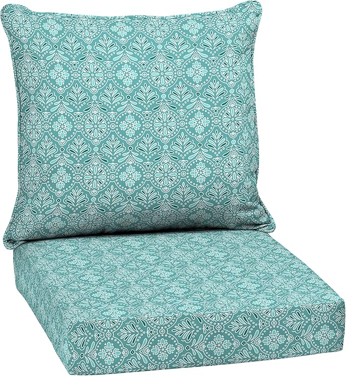 Arden Outdoor Deep Seat Cushion Set, 24 in x 24 in, Patio Cushion for Chair, Sofa, and Couch Turquoise Daphne Medallion