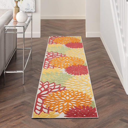 Nourison Aloha Indoor/Outdoor Red Multi Colored 2'3" x 12' Area Rug, Tropical, Botanical, Easy Cleaning, Non Shedding, Bed Room, Living Room, Dining Room, Deck, Backyard, Patio (2x12)