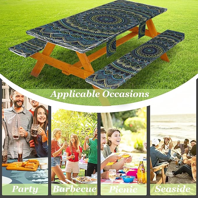 Picnic Table Cover with Bench Covers Vinyl Elastic Edges Fitted Rectangle Seat Tables Waterproof 3-Piece96X30in Set Outdoor Rectangular Folding Backing Tablecloth for Camping Over Size