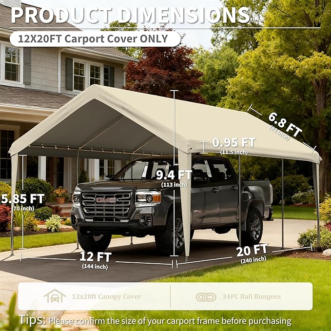 Carport Replacement Canopy Cover 12'x20' for Tent Top Garage Shelter Cover, 800D Heavy Duty Oxford Waterproof & UV Protected Car Canopy Tarp with Ball Bungees (Frame is not Included)