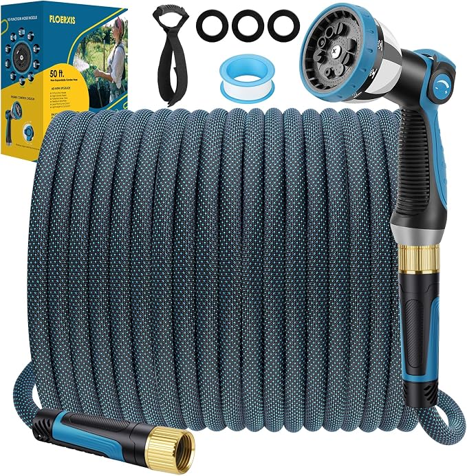 Non-Expandable Garden Hose 50 FT, Lightweight Hose with 10 Function Spray Nozzle, Kink-Free Flexible Water Hose, Durable, Leak-Proof, 360° Swivel Connectors, Portable Storage Strap