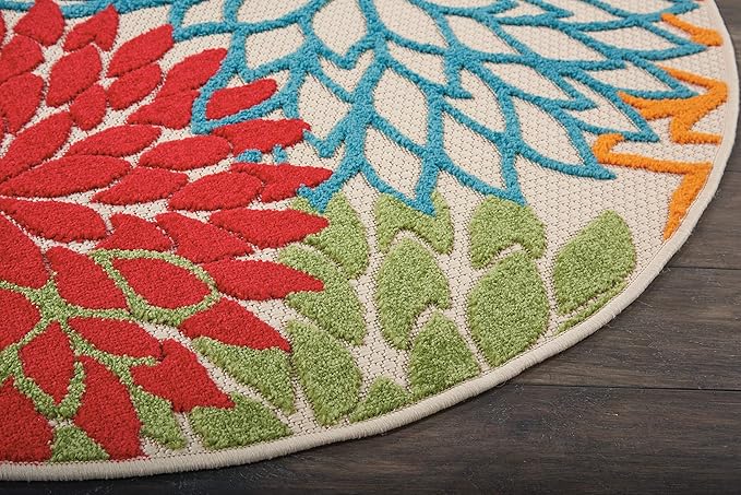 Nourison Home Aloha Indoor/Outdoor Green 4' x Round Area-Rug, Tropical, Botanical, Easy-Cleaning, Non Shedding, Bed Room, Living Room, Dining Room, Deck, Backyard, Patio (4 Round)