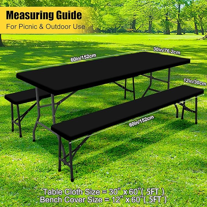 Smiry Picnic Table Cover with Bench Covers, Waterproof Elastic Fitted Polyester Tablecloths for 5 Ft Rectangle Tables, Washable Windproof Tablecloth for Camping, RV & Outdoor (Black, 30x60 Inches)