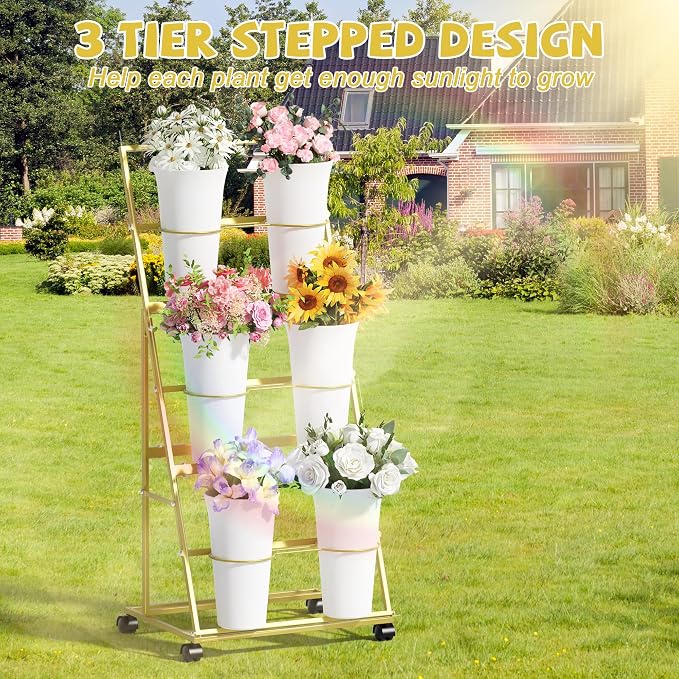 Invech Flower Display Stand with 6 Buckets, 3 Tier Gold Flower Cart Display Stand for Indoor Outdoor Garden, Wedding, Florist