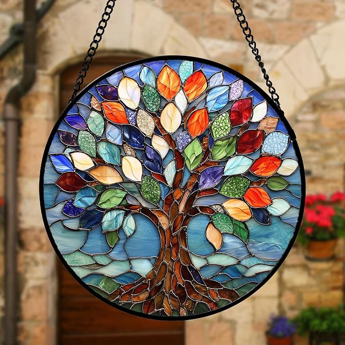 DASTOLL Stained Glass Window Hanging, Colorful Tree of Life Sun Catchers Glass Panel Blue Suncatcher Decor for Birthday for Women, Men, Wife, Aunt, and Mom 7.8 in