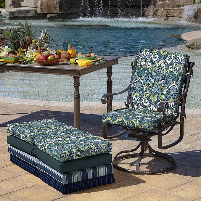 Arden Outdoor Midback Chair Cushion, 18 x 16.5, Water Repellent, Fade Resistant 18 x 16.5, Sapphire Aurora Blue Damask