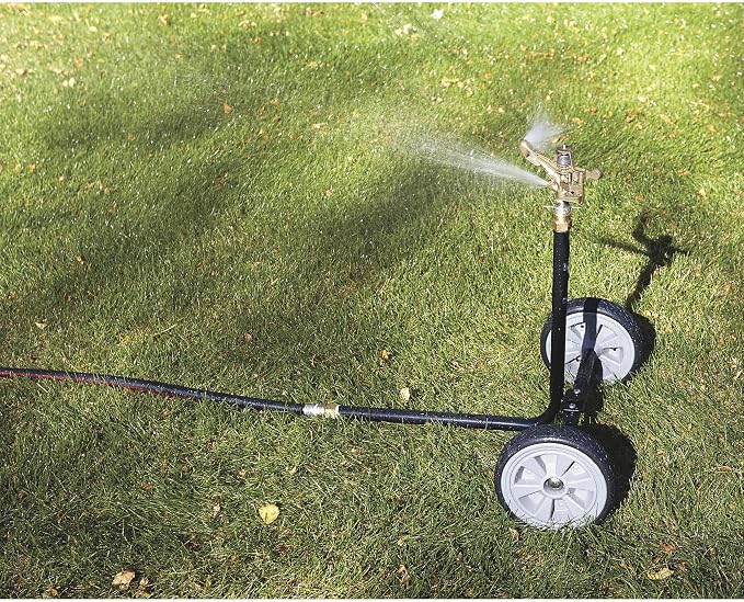 Strongway Wheeled Sprinkler, 3/4 in. Brass Head with 2 Nozzles, 100 Ft. Diameter Coverage, 7800 Sq. Ft., 6-10 GPM, 8 in. Poly Wheels, Adjustable Full and Partial Circle, for Lawn and Garden