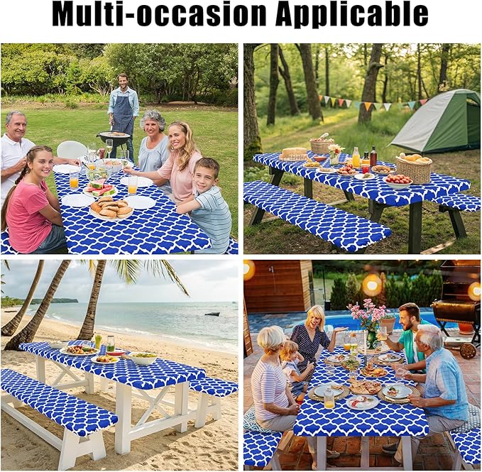 Smiry Picnic Table Cover with Bench Covers, Waterproof Elastic Fitted Tablecloth for 8 Foot Tables, Washable Polyester Tablecloths for Camping, Indoor & Outdoor (Blue, 30x96 Inch 3-pc Set)