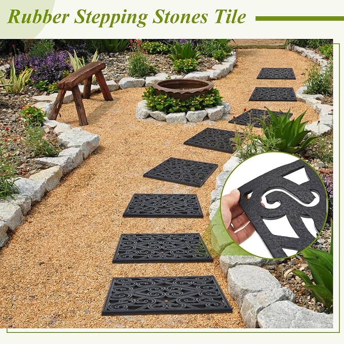 Pangda 8 Pack Rubber Stepping Stones Outdoor 15x15 Inch Garden Path Tiles Non Slip Walkway Pavers Heavy Duty Decorative Mats for Outside Patio Lawn Pathway Gravel Dirt Grass Yard (Black)