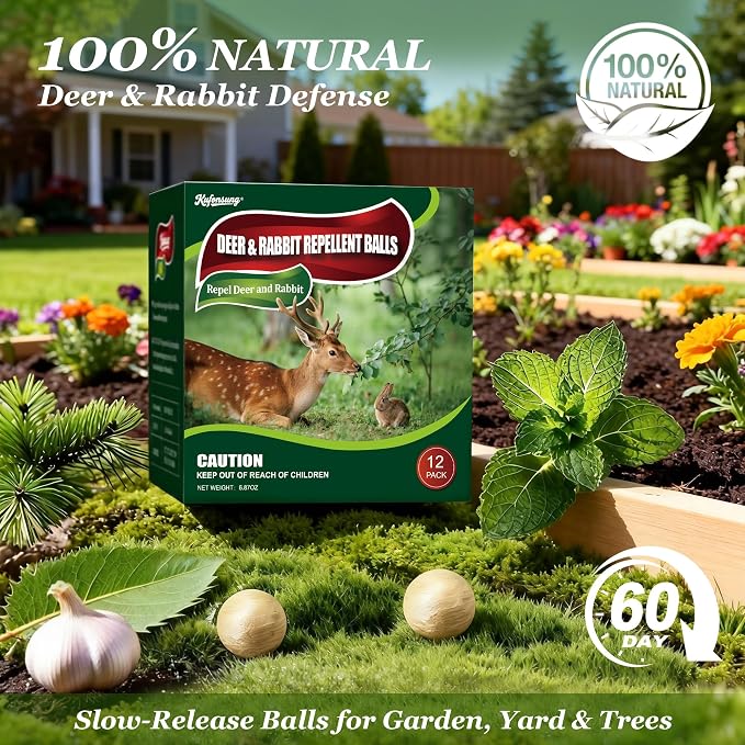 12 Pack Deer & Rabbit Repellent Balls-Deer Repellent, Rabbit Repellent Outdoor,Animal Deterrent for Garden, Yard, Trees & Plants-Long-Lasting 30-60 Days-Safe for Pets, Kids, Flowers & Vegetables
