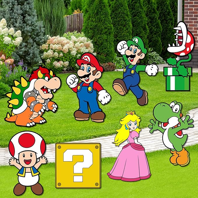Mario Birthday Party Supplies, 8PCS Yard Signs with Stakes, Outdoor Lawn Party Decor, Mario Birthday Party Decorations, Yard Signs for Super Mario Theme Birthday Party