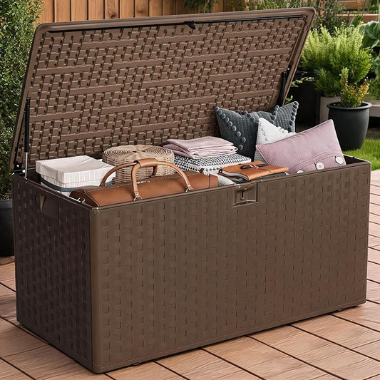 99 Gallon Outdoor Deck Box, Lockable Waterproof Outdoor Resin Box with Lid, Patio Storage Bin for Patio Furniture, Garden Tools, Pool Accessories - Brown