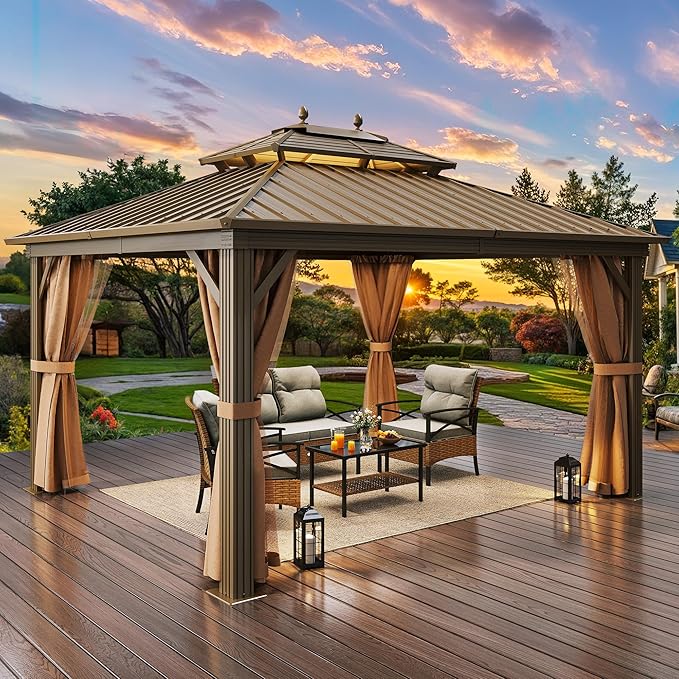 YITAHOME 10x12ft Outdoor Hard top Gazebo with Nettings and Curtains, Heavy Duty Double Roof Galvanized Steel Hardtop Roof for Patio, Backyard, Deck, Lawn