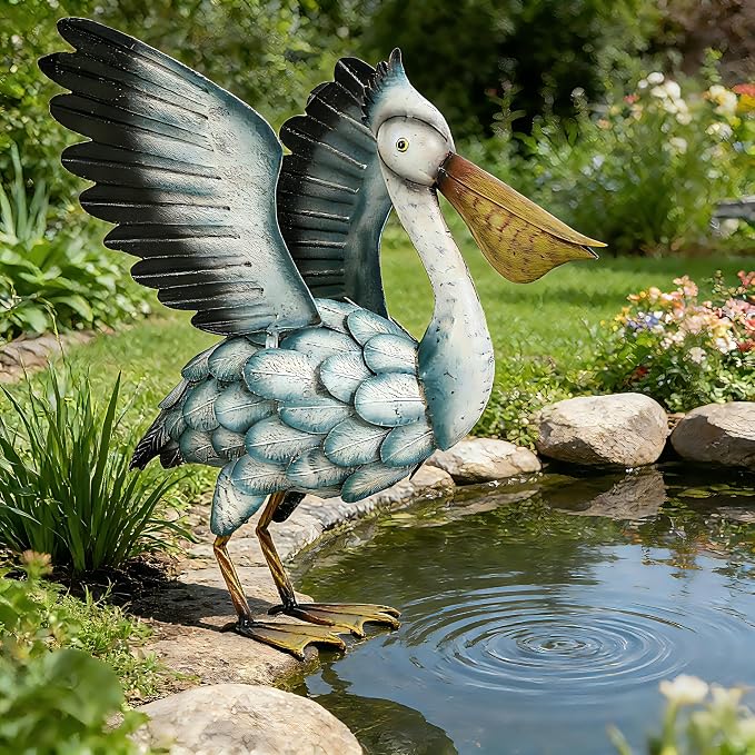 Metal Pelican Garden Statue, 18.5in Large Coastal Pelican Outdoor Yard Art Decor with Hand-Painted Blue & White Finish, Lifelike Bird Sculpture for Backyard Pond, Patio, Flowerbed or Home Decor