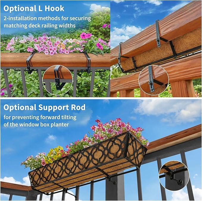 Y&M Deck Railing Planter Boxes 30 Inch 6 Pack, Adjustable Balcony Planter for Outdoor Plants, Metal Railing Planter Box for Deck, Fence and Porch, Window Boxes Outdoor, Sturdy Hanging Planter
