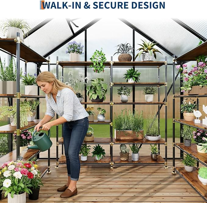 6x4FT Greenhouse for Outdoors, Walk-in Polycarbonate Greenhouse with Sliding Door, Adjustable Roof Vent & Gutter System, Portable Outdoor Green House Kit for Winter Gardening