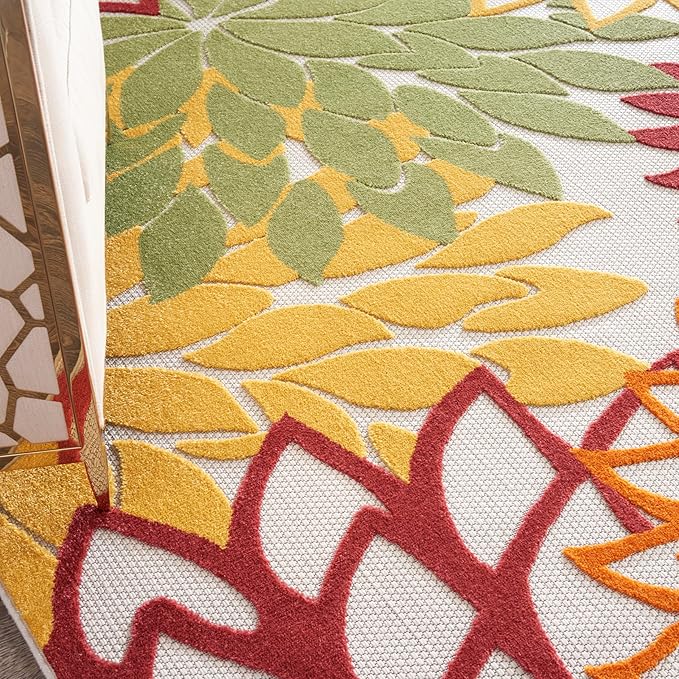 Nourison Home Aloha Indoor/Outdoor Red Multi Colored 9' x 12' Area Rug, Tropical, Botanical, Easy Cleaning, Non Shedding, Bed Room, Living Room, Dining Room, Deck, Backyard, Patio (9x12)