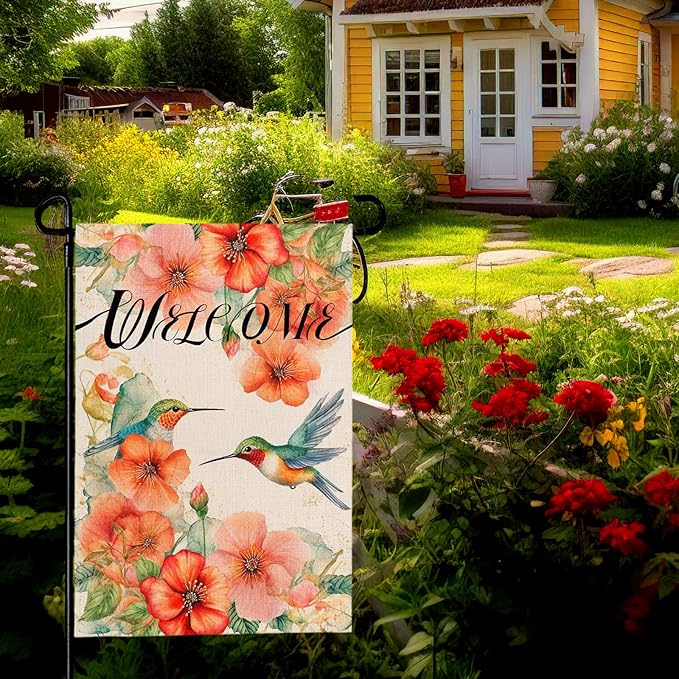 Hummingbird Garden Flag Summer Welcome Printing Garden Flag Watercolor Burlap Yard Flags for Outside Double Side Floral Spring Garden Flags Decor Standard Size 12×18 Inch