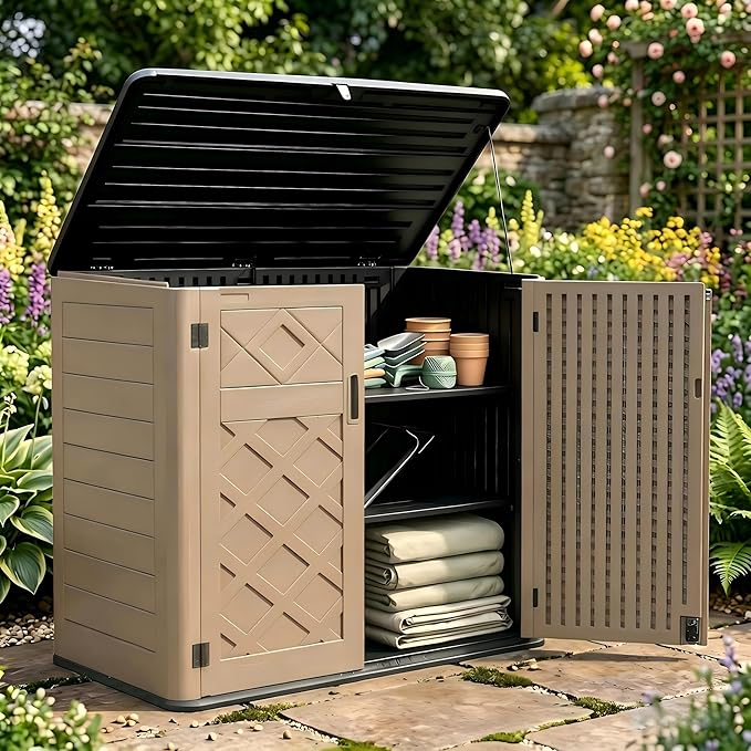 38 Cu. Ft Horizontal Resin Storage Shed, Outdoor Storage Cabinet, Weatherproof, Easy to Assemble, Outdoor Storage Box for Backyards/Patios/Garden, No Shelf (Brown)