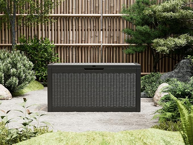 60 Gallon Outdoor Storage Box, Resin Deck Boxes Outdoor Waterproof For Patio Furniture, Garden Tools, Pool Supplies, Lockable And UV Resistant (Rattan Black)