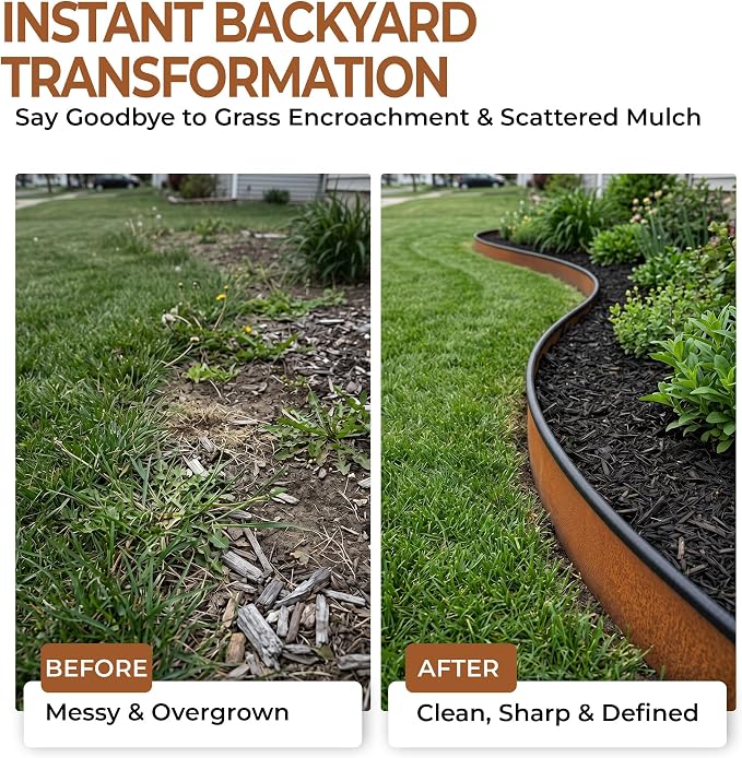 Worth Garden 6-Pack Cor-Ten Steel Landscape Edging with Black Protection Strips - Rust Patina Finish 40" L x 5.5" H (20Ft Total) - Hammer-in 14-Gauge Metal Corten Lawn Yard Edging Border w/ 7 Clips