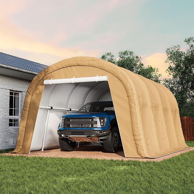 COSIEST 13'×20' Storage Shelter Outdoor Round Carport, Heavy-Duty Garage Canopy with Dual Roll-Up Doors Weatherproof PE Cover, Multi-Purpose Vehicle/Tractor Shed for Backyard/Driveway/Farm(Beige)