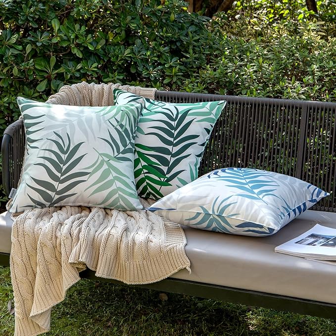 MIULEE Pack of 2 Spring Outdoor Waterproof Throw Pillow Covers Decorative Patio Pillow Cases Natural Leaves Pattern Spring Square Cushion Shams Shell for Garden Balcony Couch 18x18 Inch, Greyish Green
