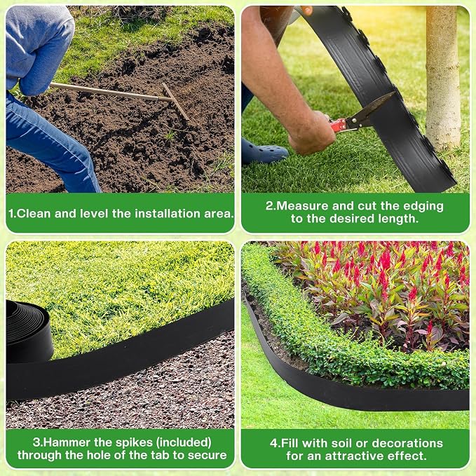 Sasylvia 5'' x 50' Landscape Edging Kit Plastic Garden Edging Border Include 45 Anchoring Spikes for Lawn Garden Grass Yard Home School, Black