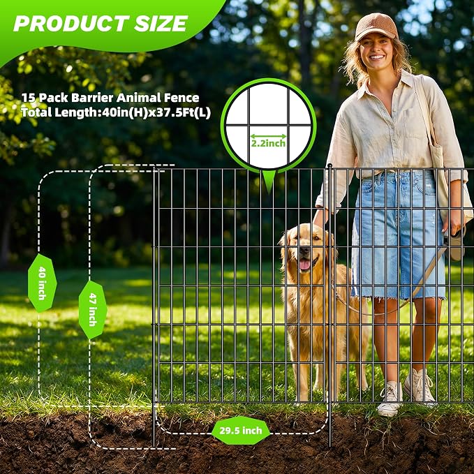 Toolterritary 15 Panels No Dig Decorative Garden Fence with Gate, 40in(H) x 37.5ft(L),Dog Fence Outdoor for Yard - Rustproof Metal Animal Barrier Fencing for Patio, Flower Bed, Ideal for Dogs, Rabbits