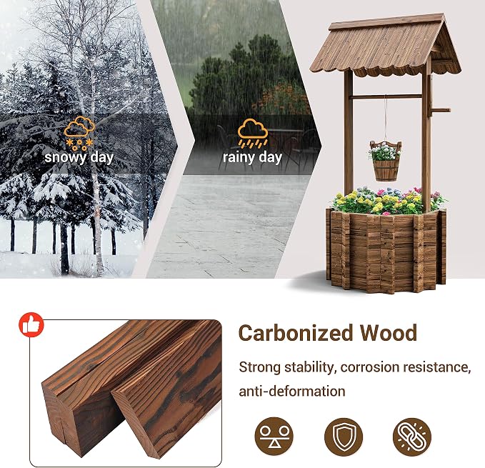 UDPATIO Wishing Wells for Outside, Wooden Wishing Well Planter for Yard, Upgrade Wishing Well with 4 Reinforced Rod & Hanging Bucket for Garden Patio Lawn Backyard Home Decor