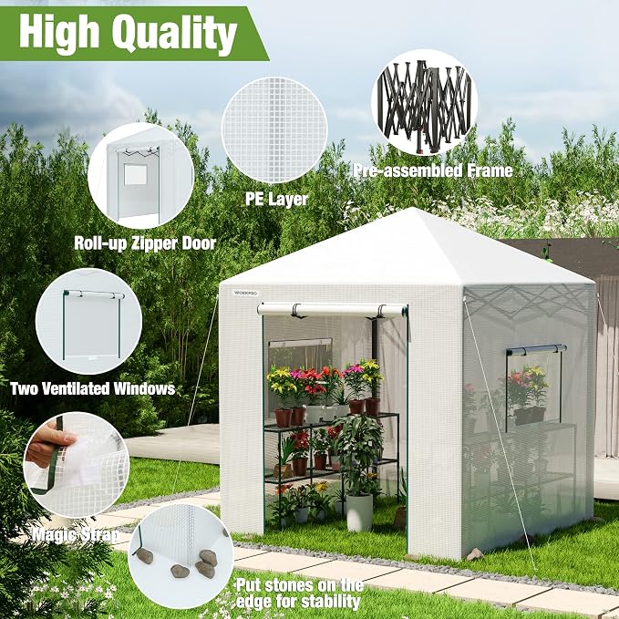 WORKPRO Greenhouse, 94" x70" x98" Pop-up Greenhouse for Outdoors , Heavy Duty Gardening House with Sturdy PE Cover, Roll-up Entry Doors and 2 Screen Windows, for Patio, Backyard, Balcony