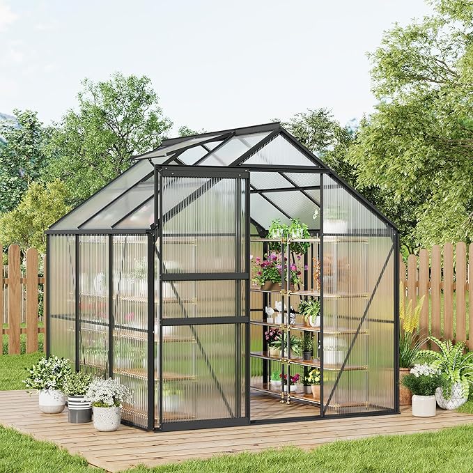 6x6FT Greenhouse for Outdoors, Walk-in Polycarbonate Greenhouse with Sliding Door, Adjustable Roof Vent & Gutter System, Portable Outdoor Green House Kit for Winter Gardening