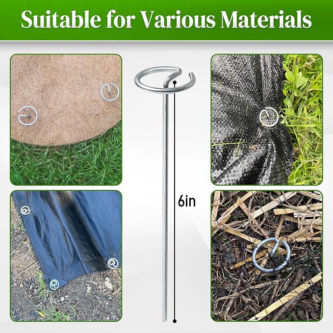 Quibbay 200 Pcs Circle Top Landscape Staples, 11 Gauge Landscape Fabric Pins, 6 Inch Garden Stake for Landscaping, Galvanized Landscape Fabric Stakes, Heavy Duty Ground Stakes for Lawn Weed Barrier