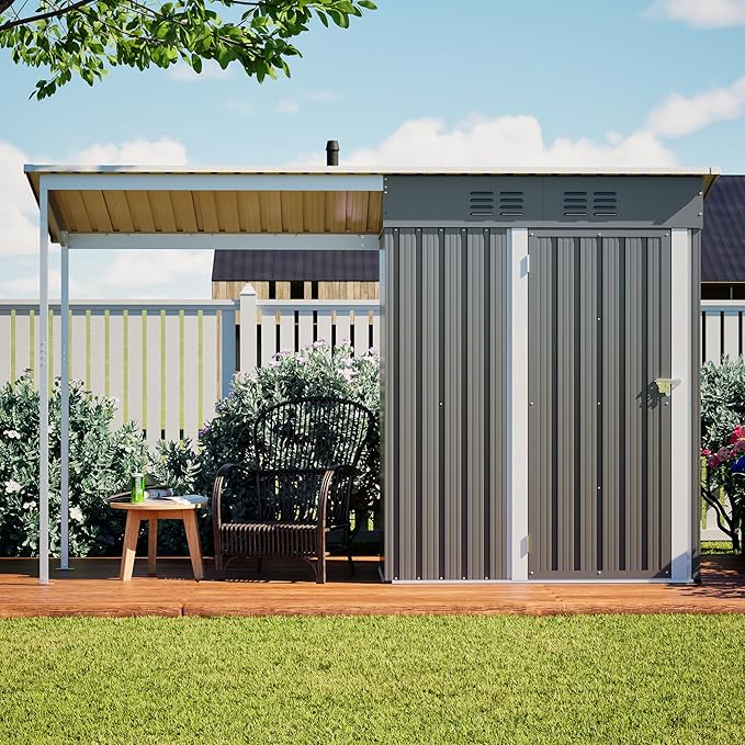 YOPTO 5×3 FT Outdoor Storage Shed & Gazebo Combo,Lean to Metal Tool Shed with Open Pergola,All-Weather 2-in-1 Garden Shed & Gazebo W/Sloping Roof and Lockable Door,for Backyard,Patio,Lawn(Gray)