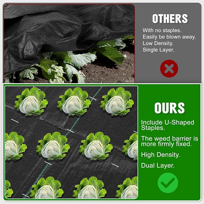 2FT x 50FT Weed Barrier Landscape Fabric Heavy Duty, 3.2oz Premium Gardening Weed Control Mat with 10 U-Shaped Securing Pegs, Ground Cover for Garden Beds, Farming, Underlayment, Commercial Driveway