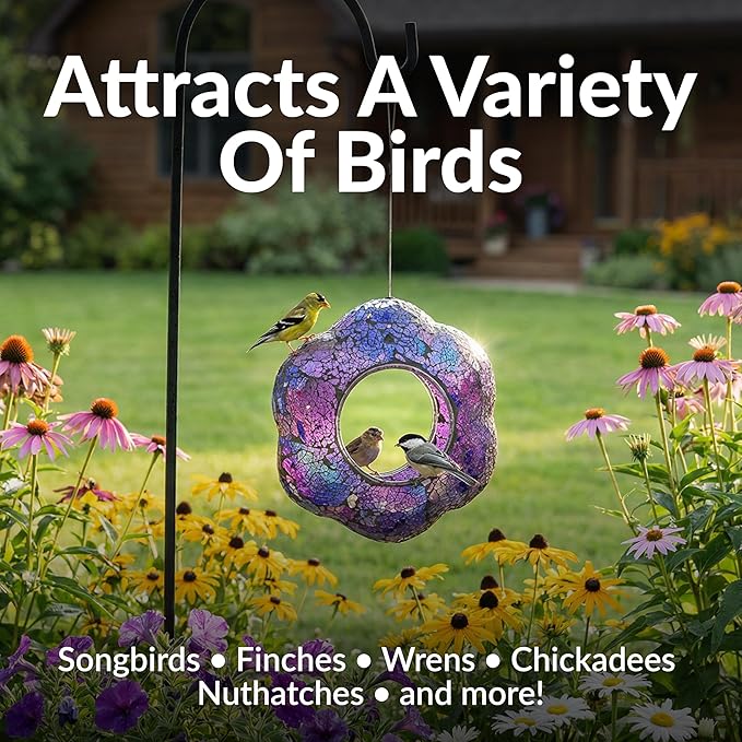 Sunnydaze 10-Inch Glass Mosaic Hanging Bird Feeder for Outdoors - Fly-Through Glass Bird Feeder for Cardinals, Jays, Finches and More - Iridescent Purple Flower