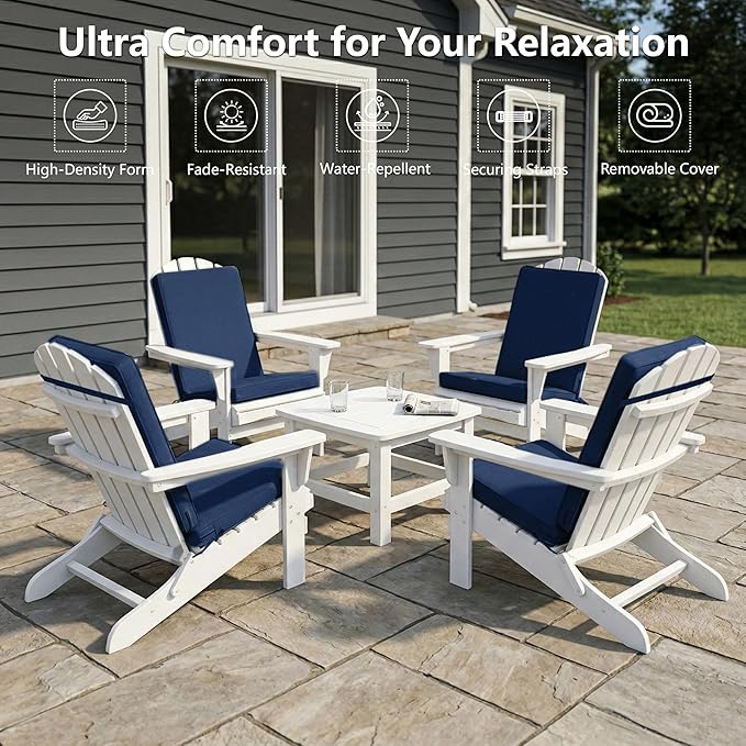 Adirondack Chair Cushions Set of 4 - Removable Covers, Water-Repellent & Fade-Resistant Faux Linen, Securing Straps, Non-Slip Bottom, Fit for Most Outdoor Adirondack & Rocking Chairs - Navy