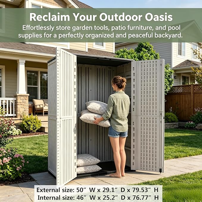 Outdoor Storage Shed 66 cu.ft, Waterproof Resin Vertical Cabinet Double-Layer for Patio Furniture, Garden Tools, Lawn Mower, Pool Accessories, UV Resistant for Yard Balcony – Shelves Not Included