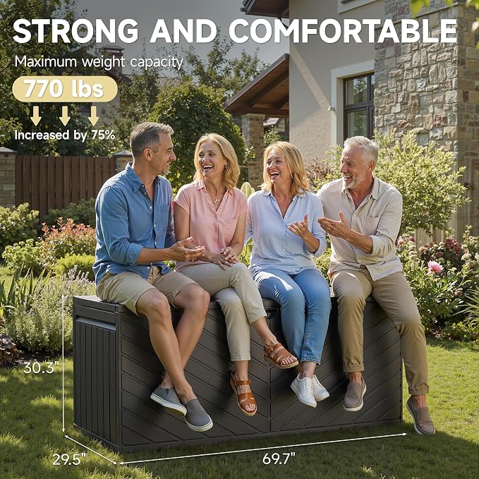 Deck Box, Waterproof Resin Outdoor Storage Box with Double-Layer Lockable Lid, UV-Resistant Storage for Patio, Pool, Garden & Backyard, 270 Gallon, Brown