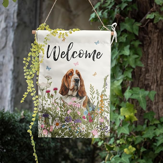 Floral Basset Hound Garden Flag Spring Summer House Flags 28 x 40 Double Sided Flower Dog Yard Flags for Outside Large Outdoor Welcome Flags