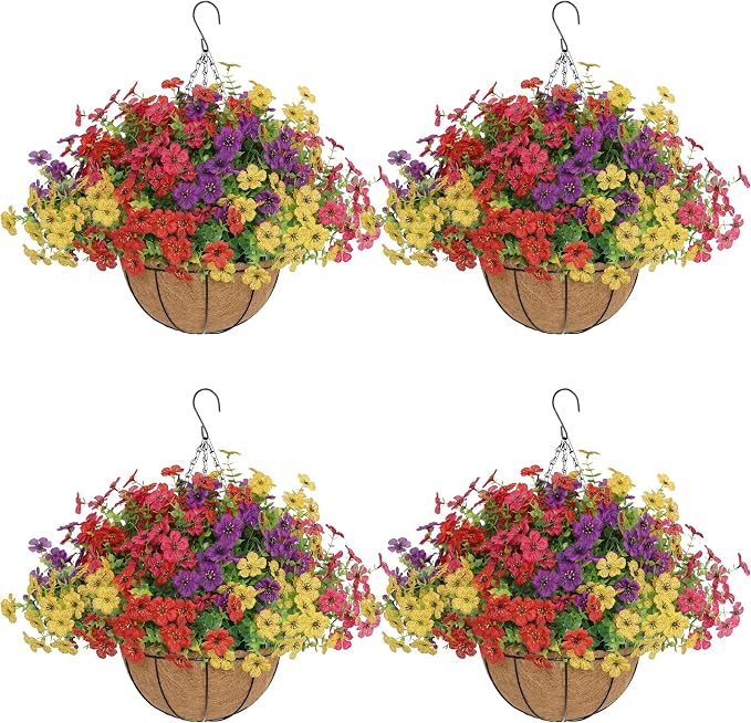 Senjie 4 Set Artificial Hanging Flowers with Basket for Outdoor Decor, UV Resistant 48 Bundles Faux Flowers Fake Hanging Planter for Porch Patio Balcony