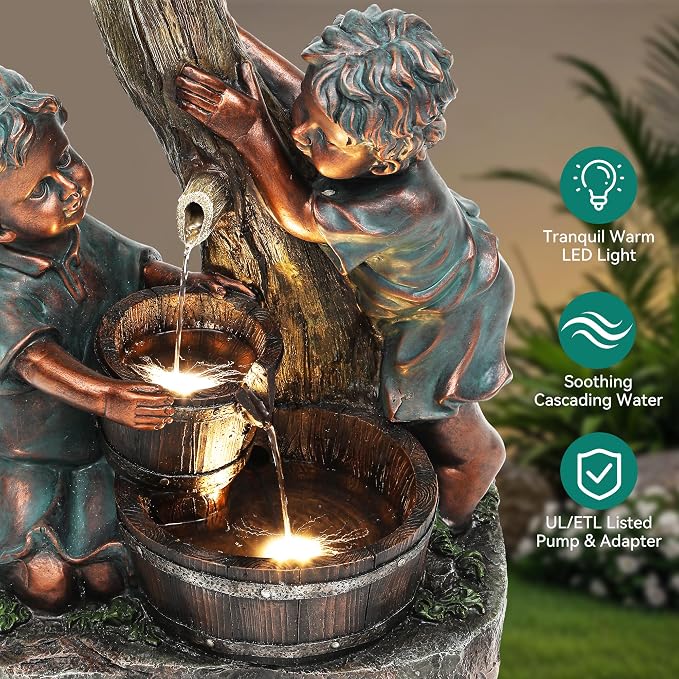 AUTODAYA 31" Boy & Girl Outdoor Water Fountain with LED Lights, Pagoda and Wood Barrel Garden Fountain, 3-Tier Cascading Waterfall for Tranquil Backyard, Patio or Porch, Faux Bronze Finish
