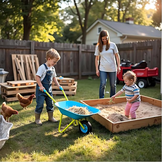 G & F Kids Metal Wheelbarrow, Child-Size Steel Garden Wheelbarrow for Toddlers & Kids, Sturdy Single-Wheel Design for Outdoor Play, Gardening & Sandbox Fun Activities, 28" H x 12" W Kid Size